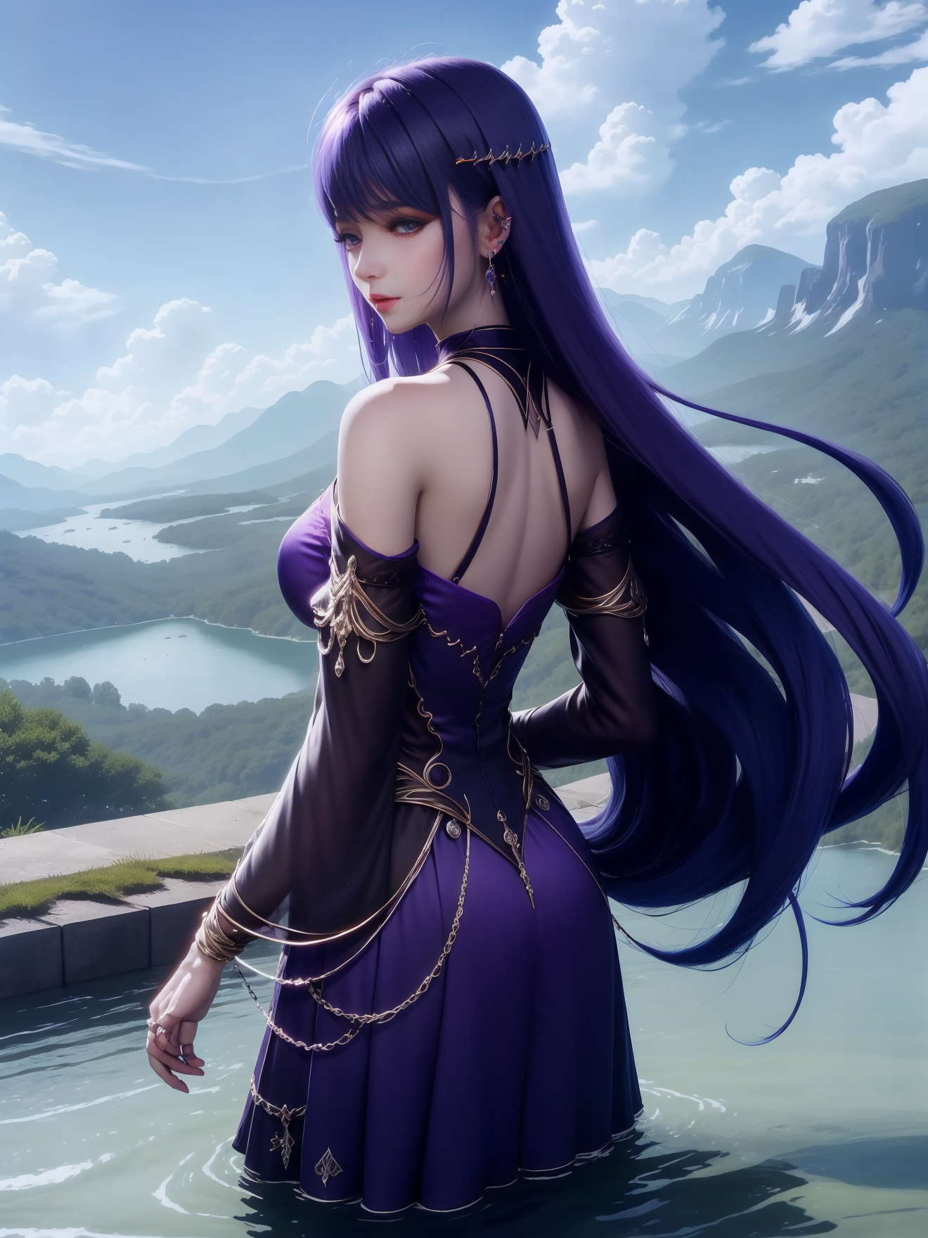 00012-853614332-_lora_Saint Cher_20230819122004_0.75_,Saint Cher, 1girl, dress, water, solo, purple eyes,long hair, purple dress, sky,outdoors,.png